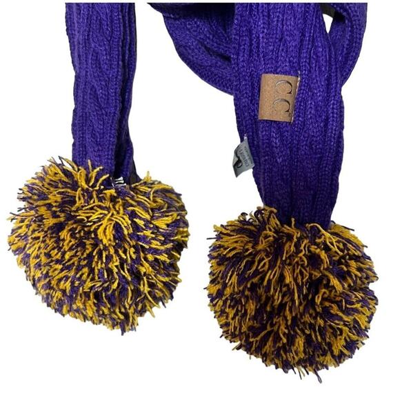 C. C Exclusives NWT College Game DayHigh School Purple Gold Pom Pom Scarf - Picture 3 of 5